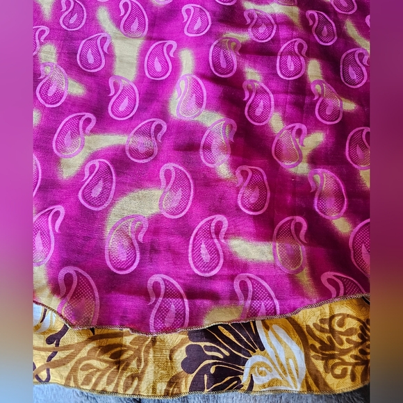 Silk Sari Wrap Skirt, TEA length, regular one size fits most. Pink, beige, gold - Picture 4 of 7